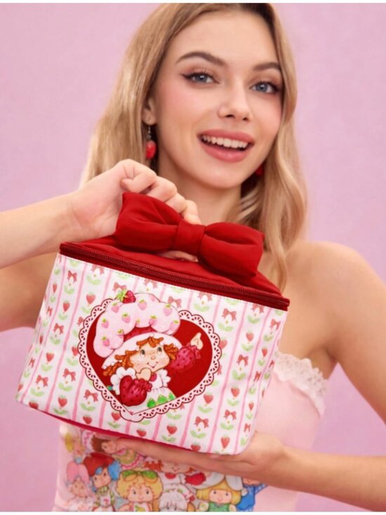 Strawberry Shortcake Handbags - Strawberry Shortcake Cosmetic Bag Cute Strawberry Print Bow Makeup Pouch Travel